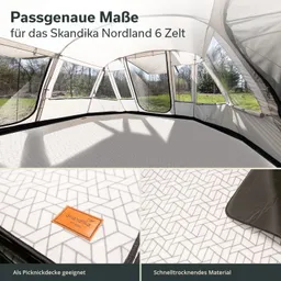 Zeltinneres mit gewebtem Boden, großen Fenstern und direktem Sonnenlicht. Detailansicht des Bodens, mit Muster.