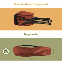 Zusammengefalteter Stuhl in einer Tragetasche, braun, mit Maßeangaben und Gewicht (3,8 kg) auf einem farbigen Hintergrund.