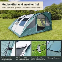 Zelt in grüner und grauer Farbe auf einer Wiese, zwei Türen mit Moskitonetz, verschiedene Details zur Konstruktion.