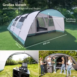 Ein großes Vorzelt in einem grünen Bereich, mit Maßen von 450 cm x 100 cm, bietet Schutz vor Sonne und Regen. Zwei kleinere Bilder zeigen Personen beim Kochen und Essen in der Nähe des Vorzelts.
