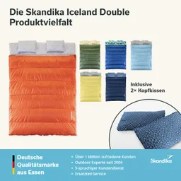 Zwei Schlafsäcke in verschiedenen Farben und Mustern. Zwei Kopfkissen liegen daneben. Hintergrund in hellen Tönen.