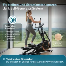 Frau auf einem modernen Crosstrainer vor großen Fenstern mit Aussicht auf eine Landschaft, im Hintergrund eine schriftliche Beschreibung.