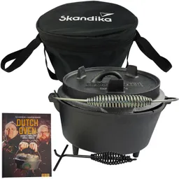 Eisen-Dutch Oven in Schwarz mit Deckel und Griff, kombiniert mit Aufbewahrungstasche und Kochbuch über Dutch Oven-Rezepte.