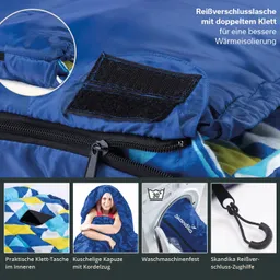 Blau gefärbter Schlafsack mit doppeltem Klettverschluss und grauem Reißverschluss. Innenbereich mit Tasche, Kapuze und Waschsymbol.