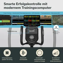 Trainingscomputer mit Tablet-Halterung, Details zu Schwungmassensystem, Bluetooth-Schnittstelle und Widerstandsstufen.