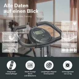 Stationäres Fahrrad mit LCD-Bildschirm, der Puls, Entfernung, Geschwindigkeit, Zeit und Kalorienanzeige zeigt.