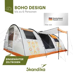 Zelt im Boho-Design für bis zu 6 Personen mit orangefarbenen und geometrischen Mustern. Eingenähter Zeltboden sichtbar.