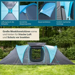 Zelt mit blauen und grauen Elementen, großen Moskitonetztüren an Vorder- und Rückseite, umgeben von Gras und Bäumen.