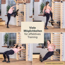 Fitnessgeräten in einem Raum mit Fenstern. Vier Trainingspositionen einer Person mit verschiedenen Übungen. Holzregal im Hintergrund.