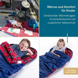 Zwei Kinder auf Decken im Freien. Ein Kind liegt auf einer rot-karierten Decke und malt, das andere sitzt in einem Schlafsack.