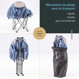 Faltstuhl in blauer Farbe, in verschiedenen Positionen: aufgeklappt, gefaltet und im Transportbeutel.