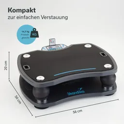 Vibrationsplatte mit einer gummierten Oberfläche, Ausstattung mit einer Steuerung oben. Maße und Gewicht sind angegeben.