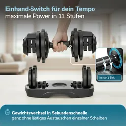 Ein Handgriff hält eine verstellbare Kurzhantel, die auf einer Ablage steht. Im Hintergrund sind einige Fenster und ein Wohnbereich sichtbar.