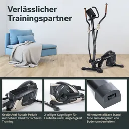 Ein Raum mit einem blauen Sofa, darauf liegt eine graue Decke. Im Vordergrund steht ein Bewegungstrainer. Details zu Pedalen und Kugellager sind sichtbar.