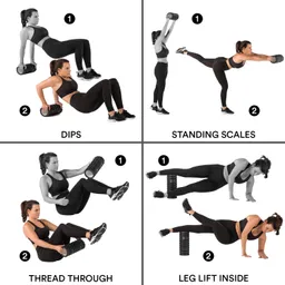 Vier Trainingsübungen mit einer Person in Sportbekleidung: Dips, stehende Skalen, Thread Through und Beinheben.
