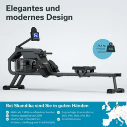 Rudermaschine mit modernem Design, Anzeige-Display und gepolstertem Sitz. Angaben zu Gewicht und Unternehmensinfos auf dem Bild.