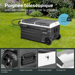 Kühlbox mit teleskopischem Griff, Rollen und verschiedenen Funktionen, vor einer grünen Wiese platziert.