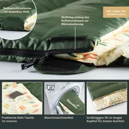 Grüner Schlafsack mit Reißverschluss und Klettverschluss, innen gemusterter Stoff. Beschreibung von Taschen und Waschmaschinenfestigkeit.