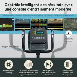 Moderne Trainingskonsole von Skandika mit LCD-Display, Tastenfeld und Tablet-Halterung. Grafiken zu Trainingsdaten im Hintergrund.