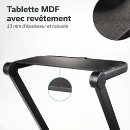 Schwarze MDF-Tischplatte mit Beschichtung, 13 mm dick, auf einem stabilen, schwarz lackierten Gestell.