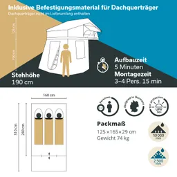 Grafik eines Dachzeltes mit Maßen und Details zu Stehhöhe, Aufbauzeit und Packmaß. Symbole geben Informationen zu Personenanzahl und Sonnenschutz.
