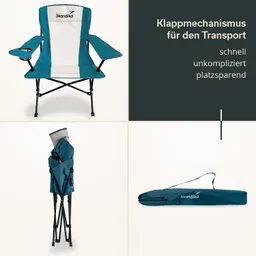 Einfache Campingliege in Blau und Weiß mit Armlehnen, zusammengeklappt und in einer Tasche verpackt.