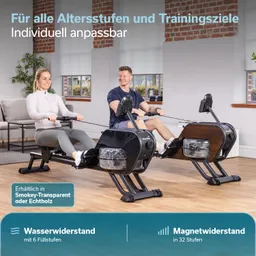 Zwei Personen sitzen an Heimtrainern in einem hellen Raum. Die Geräte haben Wasser- und Magnetwiderstand.