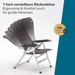 Faltstuhl mit 7-fach verstellbarer Rückenlehne. Ergonomisches Design, grau, für Benutzergewicht bis 180 kg.