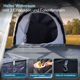 Wohnraum im Zelt mit drei Eingängen und Folienfenstern. Innenansicht zeigt Kabelöffnung, Organizer-Taschen und Haken für Campingleuchte.