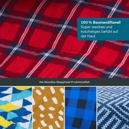Ein rotes Karomuster aus Baumwollflanell und verschiedene andere Stoffmuster in blau und braun.