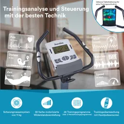 Trainingsgerät mit Bildschirm und Handgriffen. Anzeigefelder für Puls, Distanz, Zeit, Kalorien, Watt und Geschwindigkeit.