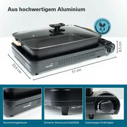 Elektrischer Grill aus Aluminium, Maße: 51 cm x 32,6 cm x 8,5 cm. Mit transparentem Deckel und Drehregler. Markenname „Skandika“.