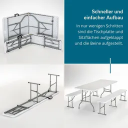 Faltbare Tischplatte und Sitzflächen in verschiedenen Aufbaustufen. Oben klappbarer Tisch, unten Tisch und Bänke.