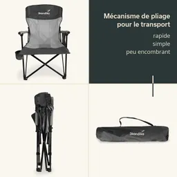 Ein faltbarer Stuhl, der oben abgebildet ist, mit Armlehnen und einem Getränkehalter. Darunter wird der Stuhl in gefalteter Form gezeigt. Rechts ist eine Tasche zu sehen, in der der Stuhl transportiert werden kann.
