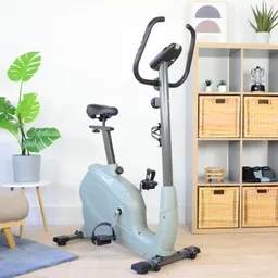 Ein Fahrradergometer in grauer Farbe steht in einem Raum. Neben dem Ergometer befindet sich eine Pflanze in einem Topf. Im Hintergrund sind Regale mit Körben und anderen Objekten.