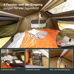 Zeltinnenseite mit einem Bett, orangefarbener Decke, grauem Tuch und 4 Fenstern. Organizer-Taschen und Lampe sichtbar.