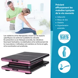 Die Abbildung zeigt eine Person, die auf einem Vibrationsgerät sitzt, während eine andere Person hinter ihr eine Therapieanwendung durchführt.
