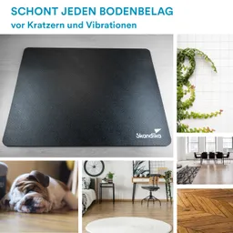 Schwarze Schutzmatte auf hellem Untergrund, umgeben von Bildern von Pflanzen, einem schlafenden Hund, einem modernen Raum und verschiedenen Bodenbelägen.
