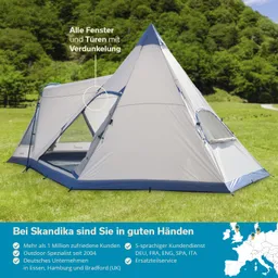 Zelt in dreieckiger Form, auf einer Rasenfläche. Hintergrund mit Bäumen. Textinformationen über Verdunkelung und Kundenservice.