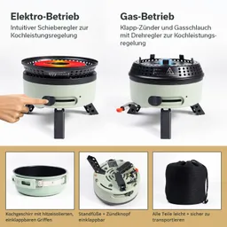 Zwei Kochgeräte in der Darstellung: links ein Elektrogerät mit Schieberegler, rechts ein Gasgerät mit Klapp-Zünder. Zubehörteile gezeigt.