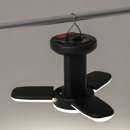 Ein hängender Ventilator mit drei schwarzen Blättern und einer zentralen Halterung. Oben befindet sich ein Aufhängering.