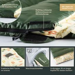 Grüner Schlafsack mit durchgehendem Reißverschluss und einem innenliegenden Klettverschluss. Detailbilder zeigen Features und Waschmaschineneignung.