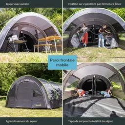 Zelt mit Aushang im Freien, zwei Personen im Inneren, Tische und Stühle, flexible Frontwand, Rasen darunter.