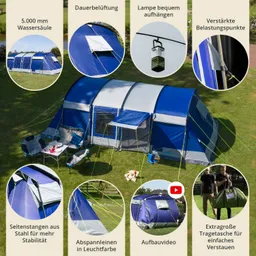 Großes Zelt in Blau und Grau, umgeben von Rasenflächen. Zwei Klappstühle und ein Tisch stehen davor. Zusätzliche Details auf dem Zelt sind hervorgehoben.