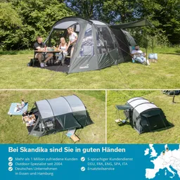 Zelt in einer grünen Wiese, Personen sitzen mit Tischen und Stühlen. Weitere Zeltansichten unten. Sonne scheint.