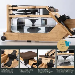 Holz-Rudergerät mit transparentem Wassertank. Ergonomischer Sitz und verstellbare Fußauflagen sichtbar. 15 l Tankvolumen.
