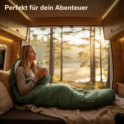 Eine Person sitzt in einem Schlafsack auf einer Couch, hält eine Tasse mit dampfendem Getränk. Im Hintergrund sind Bäume und eine ruhige Landschaft zu sehen.