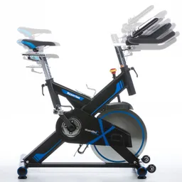 Schwinn-Rad mit verstellbarem Sitz und Lenker in Schwarz und Blau, zeigt Seitenansicht. In Bewegung dargestellter Lenker.