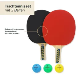 Tischtennisset mit zwei Schlägern, einer roten und einer schwarzen Fläche, sowie drei bunten Bällen in Blau, Grün und Gelb.