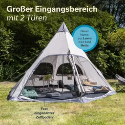 Zelt mit zwei Eingängen, festen Zeltboden, Sitzgelegenheiten und einer kleinen Pflanze im Inneren. Grüne Wiese im Hintergrund.